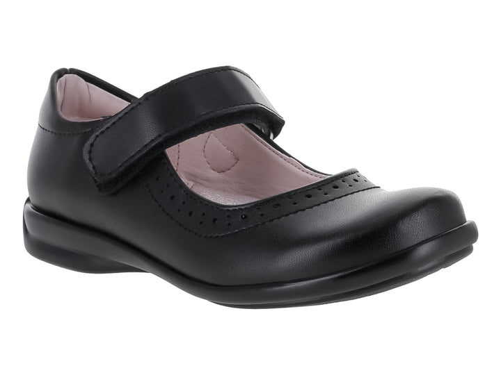 Zapato escolar negro para niña con correa ajustable y punta redondeada.