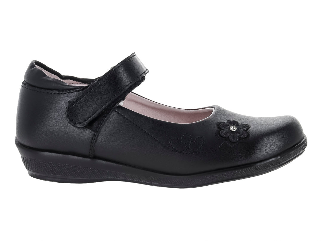 Zapato negro para niña estilo Mary Jane con correa y adorno de flor en la punta.