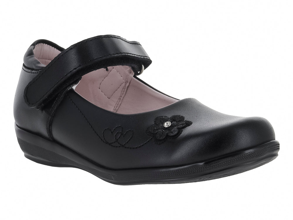 Zapato negro para niña estilo Mary Jane con correa y adorno de flor en la punta.