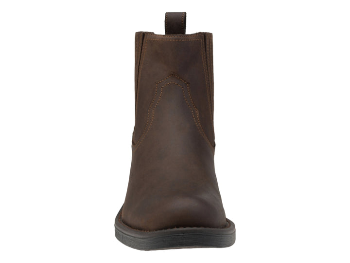 Bota casual de color chocolate con paneles elásticos laterales y suela negra.