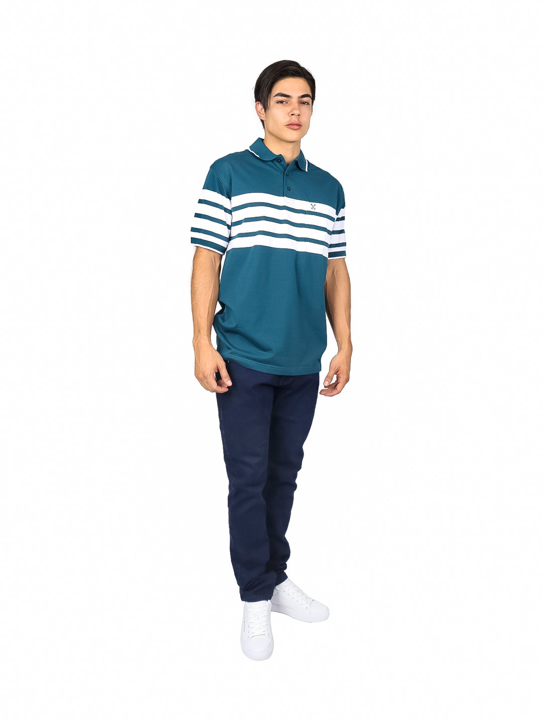 Playera polo color teal con rayas horizontales blancas en el pecho y mangas.