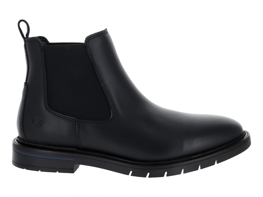 Botas Chelsea negras de cuero con paneles elásticos laterales y suela con detalle en azul.