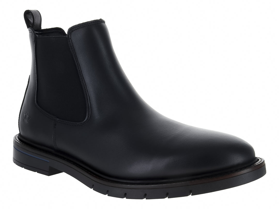 Botas Chelsea negras de cuero con paneles elásticos laterales y suela con detalle en azul.