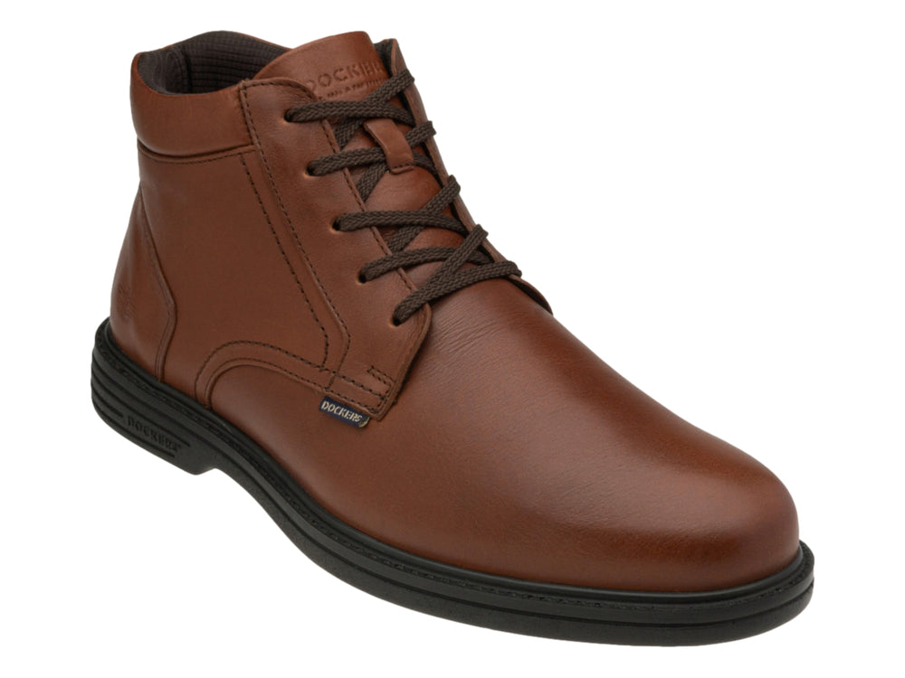 Botín Dockers de cuero color caoba con agujetas y suela negra.