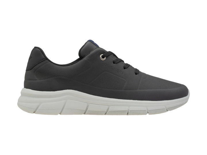 Zapato casual Dockers de color negro con suela blanca y agujetas.
