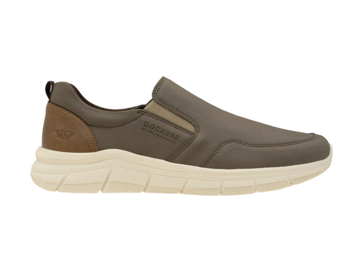Zapato casual slip-on Dockers color olivo con suela blanca y detalle marrón en el talón.