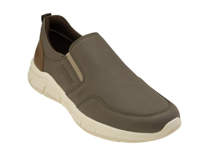 Zapato casual slip-on Dockers color olivo con suela blanca y detalle marrón en el talón.