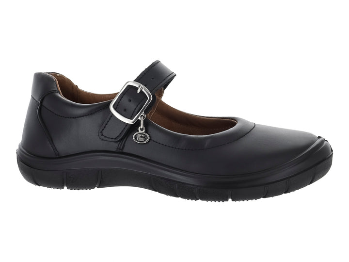 Zapato escolar negro para niña estilo Mary Jane con correa y hebilla metálica sobre fondo blanco.