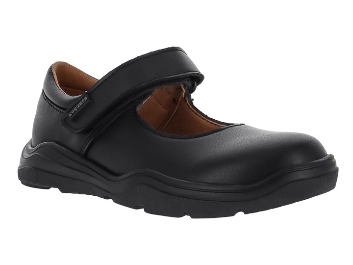 Zapato escolar negro para niño o niña con correa y suela gruesa.