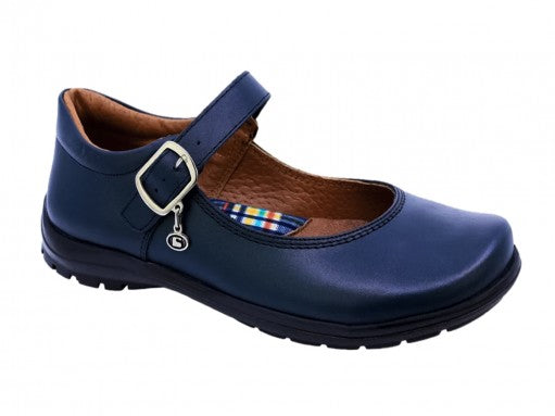 Zapato infantil modelo Mary Jane en color azul napa con correa y hebilla dorada sobre fondo blanco.