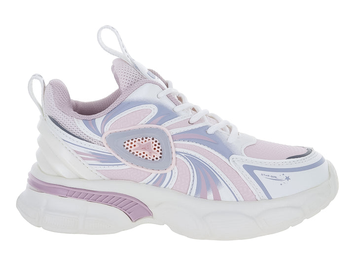 Tenis deportivos blancos con detalles en rosa y morado y suela gruesa.
