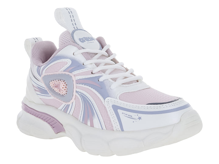 Tenis deportivos blancos con detalles en rosa y morado y suela gruesa.