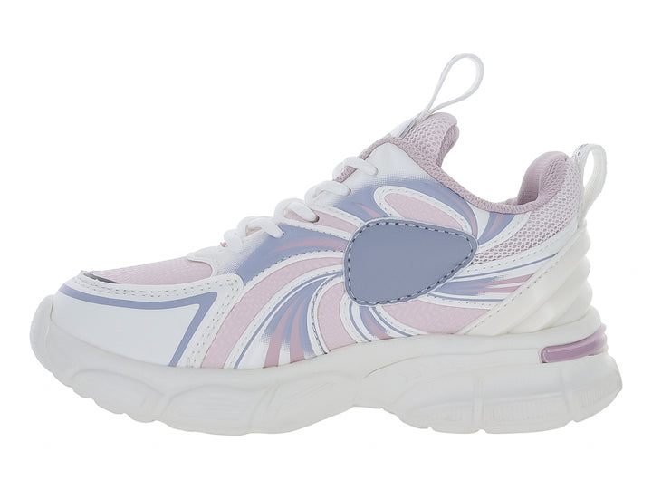 Tenis deportivos blancos con detalles en rosa y morado y suela gruesa.