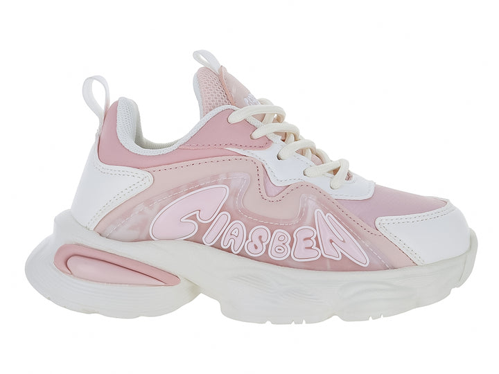 Tenis deportivos Clasben Bubble en colores rosa y blanco con suela gruesa blanca.