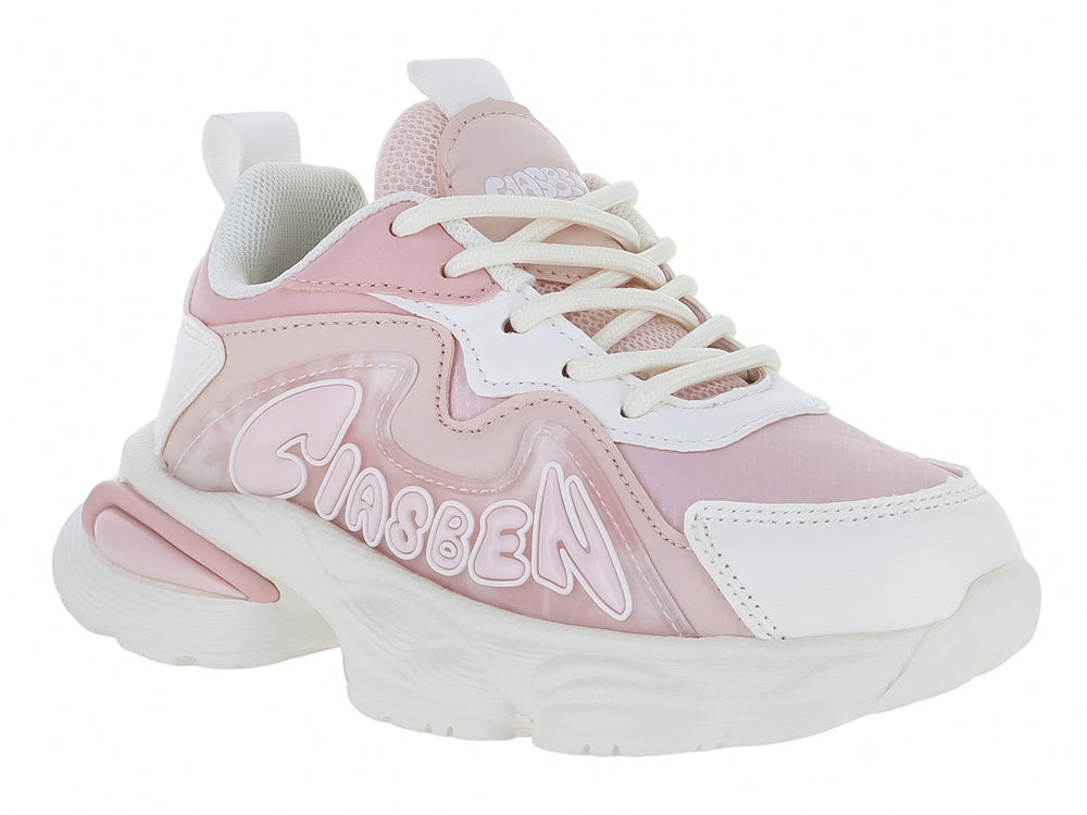 Tenis deportivos Clasben Bubble en colores rosa y blanco con suela gruesa blanca.