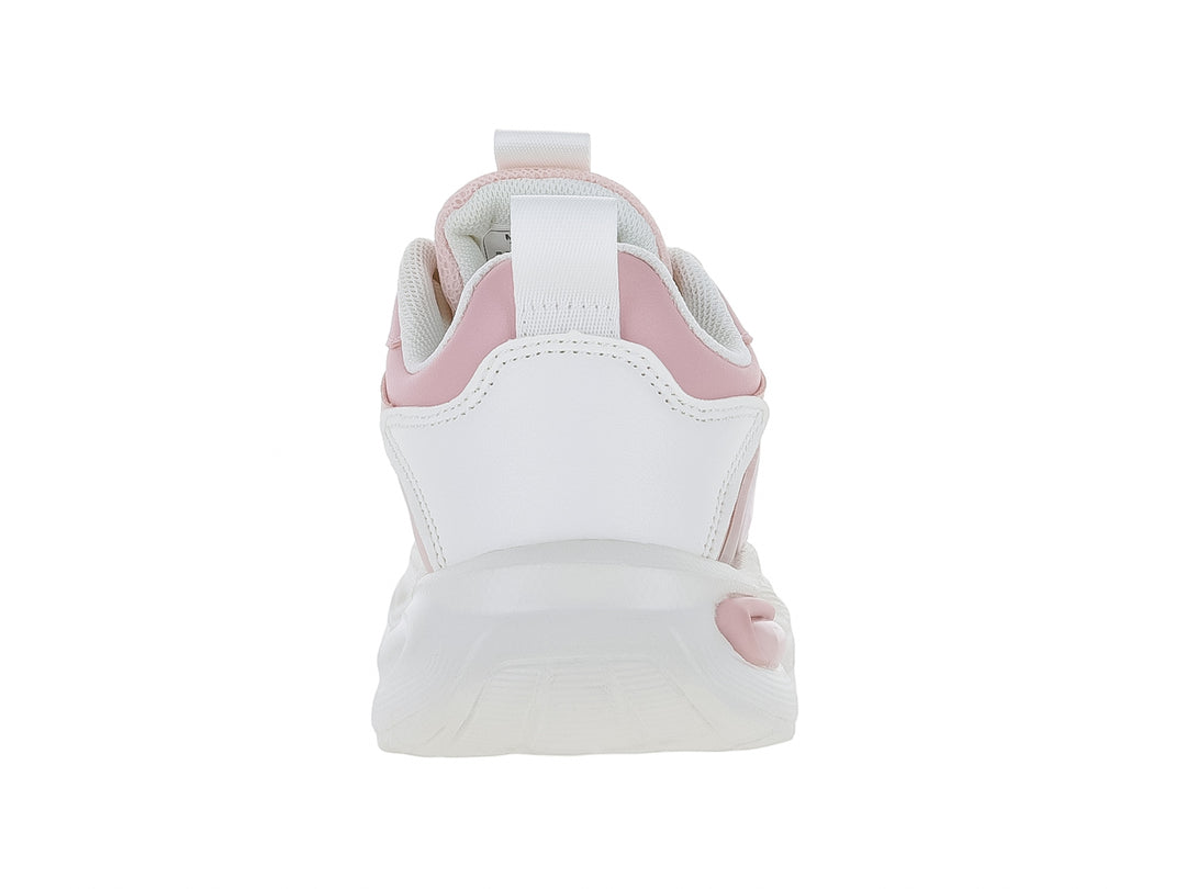 Tenis deportivos Clasben Bubble en colores rosa y blanco con suela gruesa blanca.