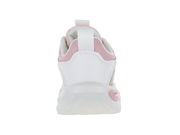 Tenis deportivos Clasben Bubble en colores rosa y blanco con suela gruesa blanca.