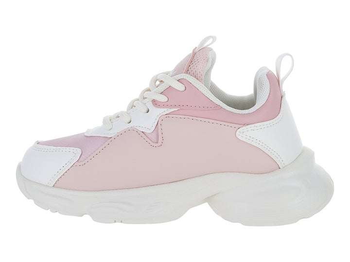 Tenis deportivos Clasben Bubble en colores rosa y blanco con suela gruesa blanca.
