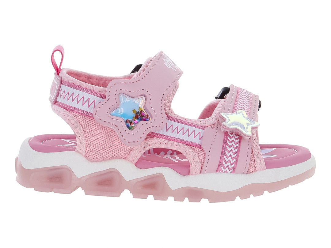 Sandalia rosa para niña con adornos de estrellas y suela blanca de plataforma.