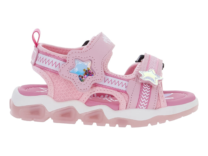 Sandalia rosa para niña con adornos de estrellas y suela blanca de plataforma.