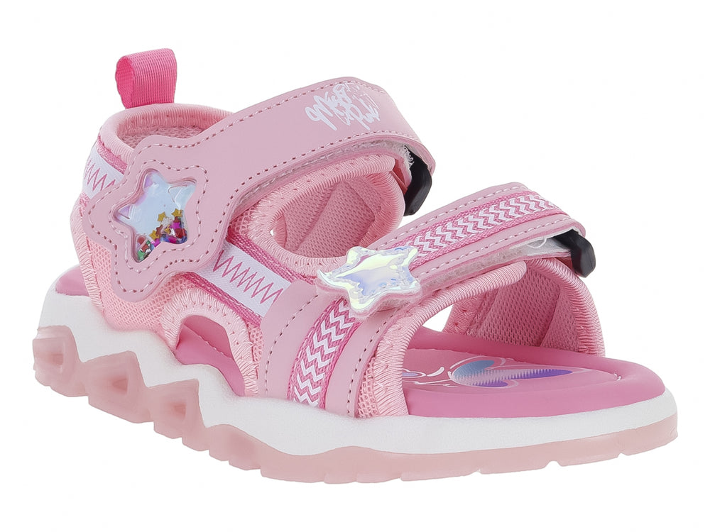 Sandalia rosa para niña con adornos de estrellas y suela blanca de plataforma.