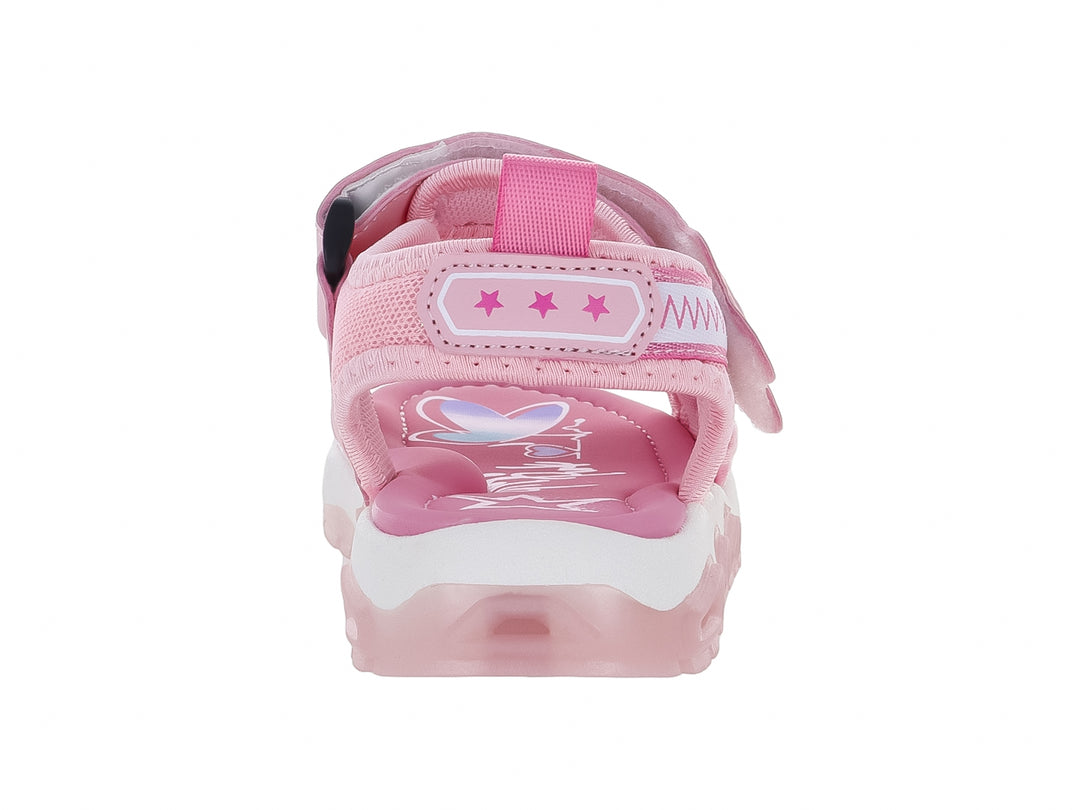 Sandalia rosa para niña con adornos de estrellas y suela blanca de plataforma.