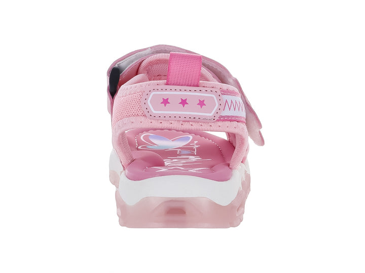 Sandalia rosa para niña con adornos de estrellas y suela blanca de plataforma.
