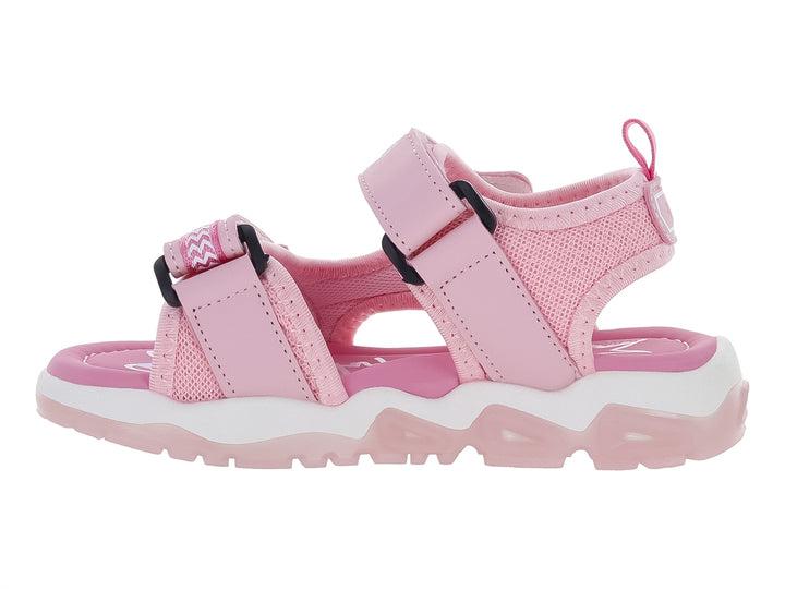 Sandalia rosa para niña con adornos de estrellas y suela blanca de plataforma.