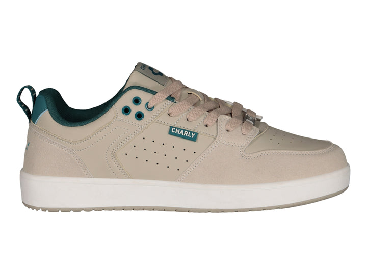 Tenis Charly color beige con detalles en verde azulado y suela blanca para deporte o uso casual.