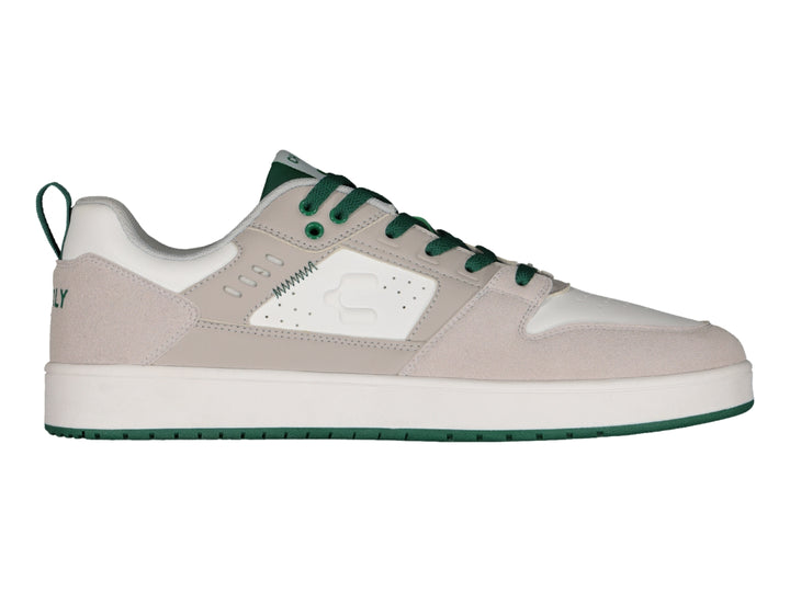 Tenis deportivos Charly en color beige con detalles y agujetas en verde y suela blanca.