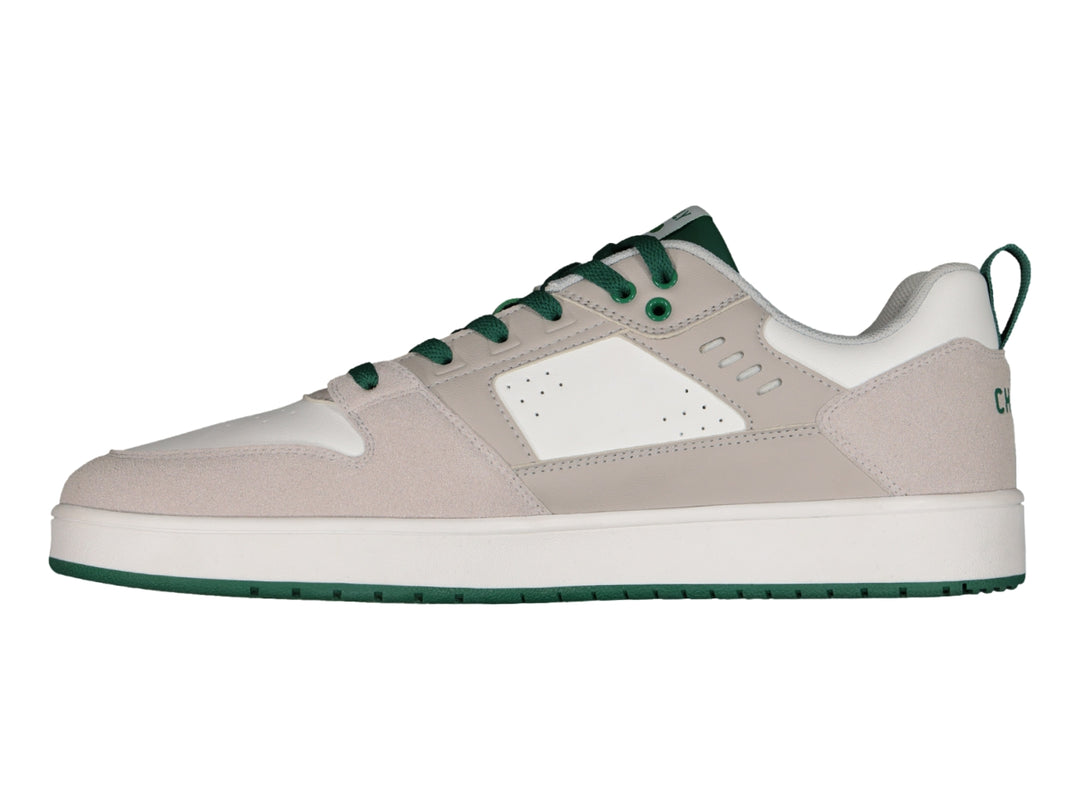 Tenis deportivos Charly en color beige con detalles y agujetas en verde y suela blanca.