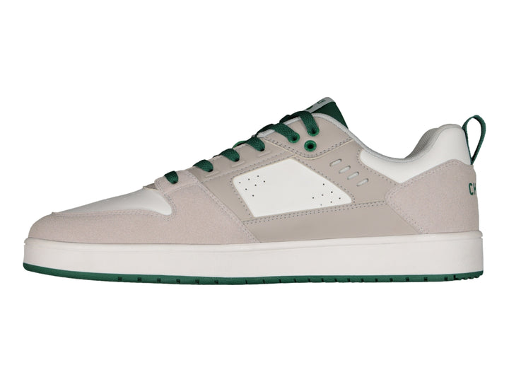 Tenis deportivos Charly en color beige con detalles y agujetas en verde y suela blanca.