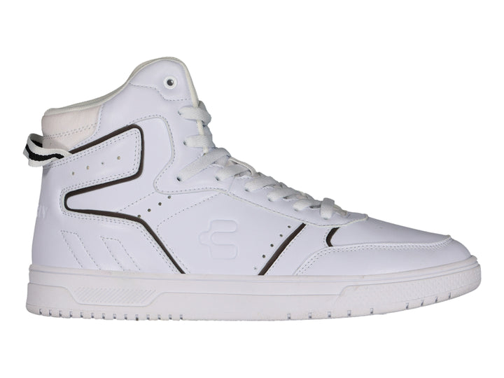 Tenis deportivos Charly de bota alta en color blanco con detalles lineales en negro y suela blanca.