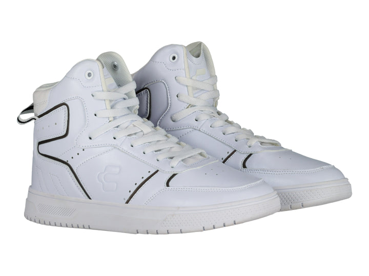 Tenis deportivos Charly de bota alta en color blanco con detalles lineales en negro y suela blanca.