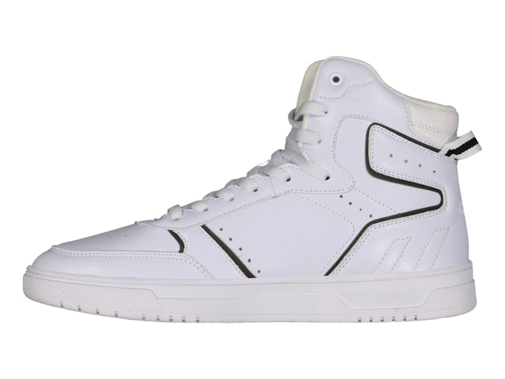 Tenis deportivos Charly de bota alta en color blanco con detalles lineales en negro y suela blanca.