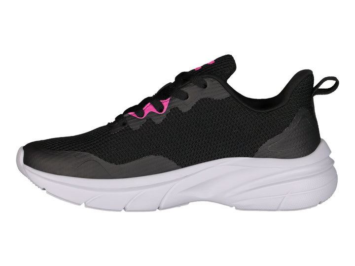 Tenis deportivos Charly color negro con detalles en fucsia y suela gruesa de color blanco.