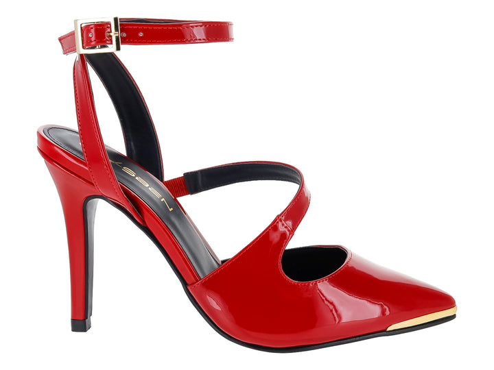 Zapato de tacón alto color rojo brillante con punta fina, correa al tobillo y detalles dorados.