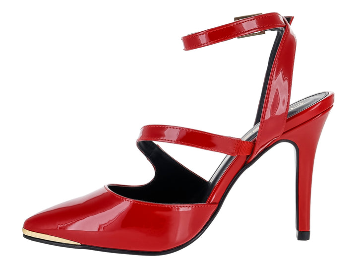 Zapato de tacón alto color rojo brillante con punta fina, correa al tobillo y detalles dorados.