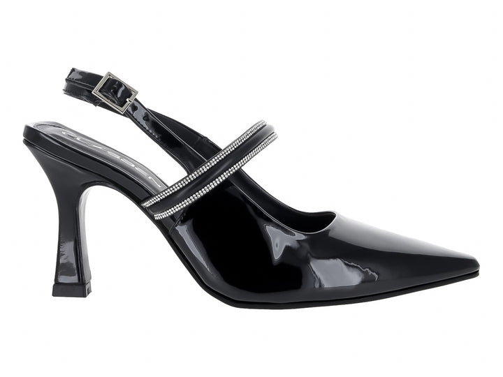 Zapato de tacón negro brillante con punta fina y correa adornada con cristales plateados para mujer.
