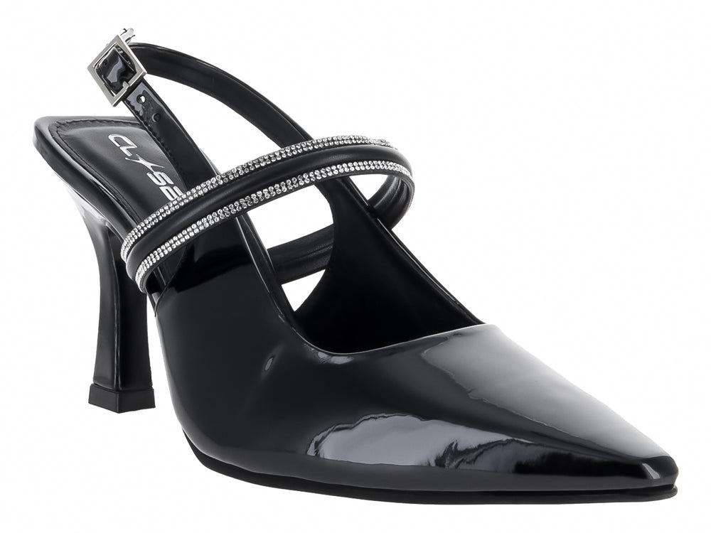 Zapato de tacón negro brillante con punta fina y correa adornada con cristales plateados para mujer.