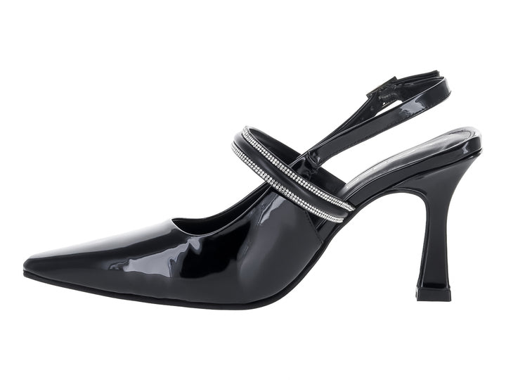 Zapato de tacón negro brillante con punta fina y correa adornada con cristales plateados para mujer.