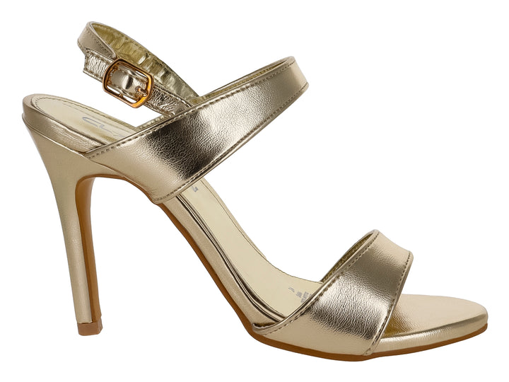 Sandalia elegante para mujer en color oro con tacón alto y correa ajustable al tobillo.