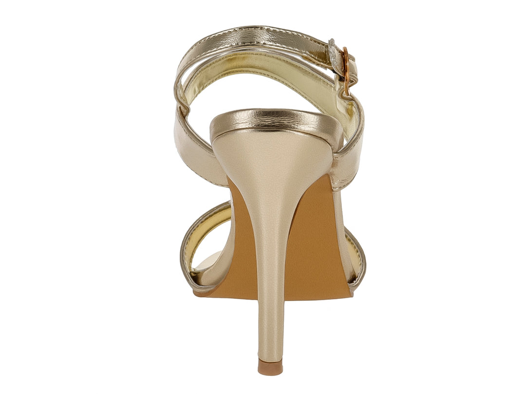 Sandalia elegante para mujer en color oro con tacón alto y correa ajustable al tobillo.