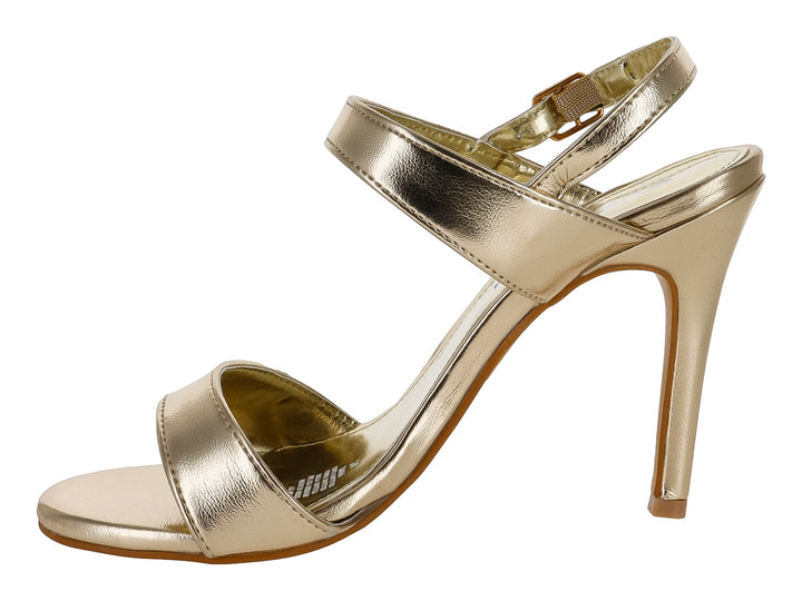 Sandalia elegante para mujer en color oro con tacón alto y correa ajustable al tobillo.