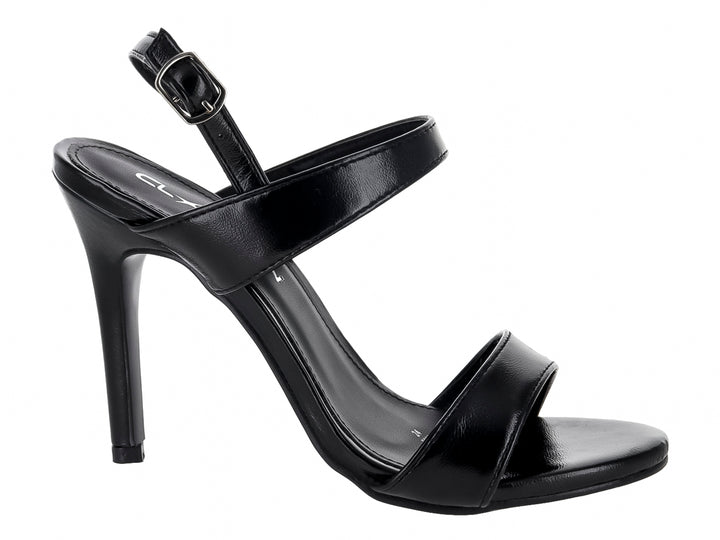 Sandalia de tacón alto color negro con correas y hebilla ajustable.