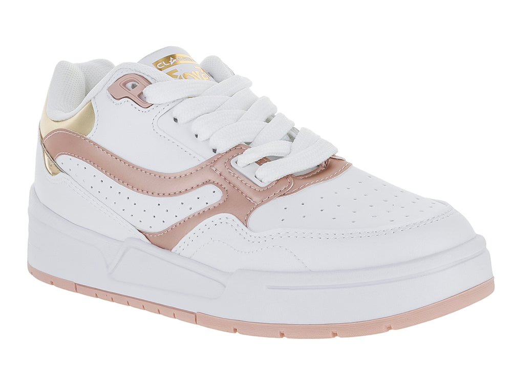 Tenis Clasben Mika color blanco con detalles en oro rosado y suela de plataforma blanca.