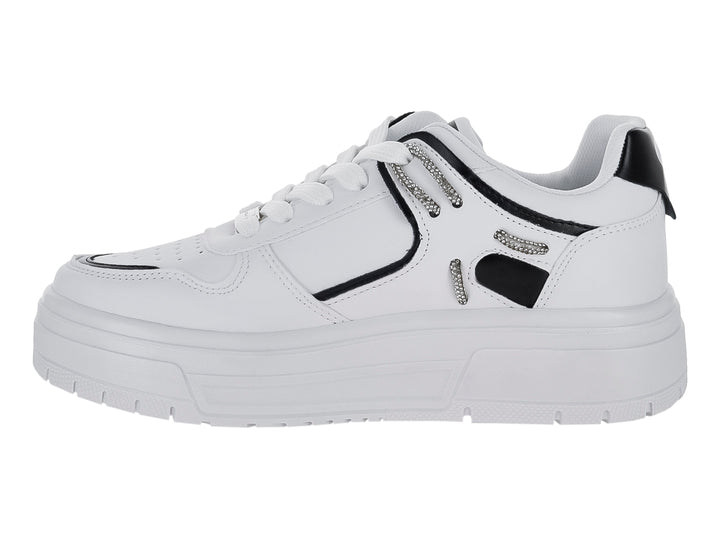 Tenis Clasben Mikono en color blanco con detalles en negro y suela de plataforma blanca.
