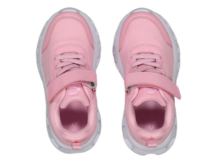Tenis deportivos color rosa con suela blanca y cierre de cinta adhesiva.