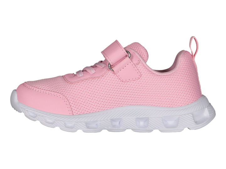 Tenis deportivos color rosa con suela blanca y cierre de cinta adhesiva.