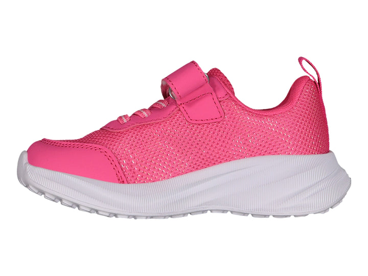 Tenis deportivos infantiles color rosa fucsia con suela blanca y cierre de velcro.